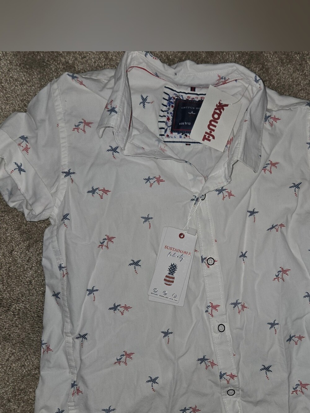 Cactus White Short-Sleeve Button-Down Shirt with Red & Blue Star Print - Picture 2 of 7